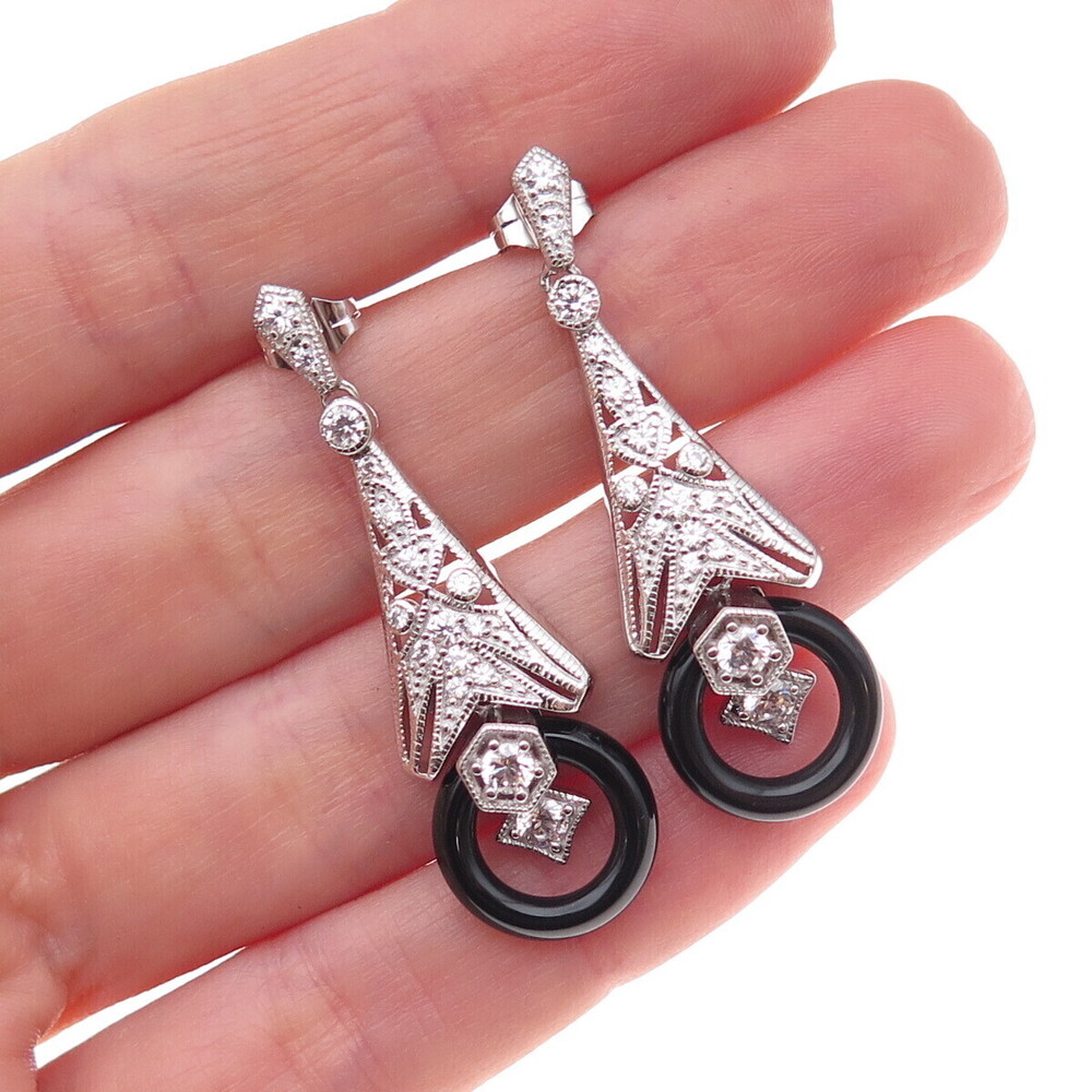 925 Sterling Silver Real Black Onyx & Round-Cut C Z Dangle Earrings